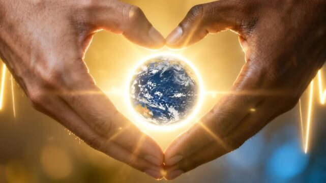 Diverse hands making a heart shape around a glowing planet earth with light flares