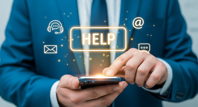 Businessman using smartphone with help text and online support icons