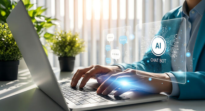 Business woman using laptop with artificial intelligence technology concept