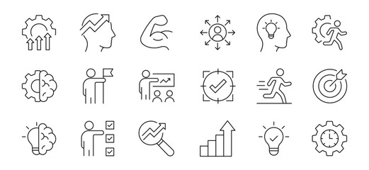 Naklejka premium Upskill Web Icon Set in Line Style. Team Development Icons. Including training, learning, development, knowledge, growth, course, and workshop. Vector illustration.