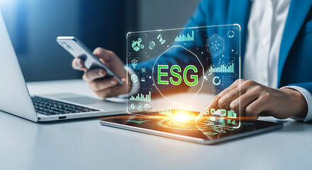 Businesswoman analyzing esg data on a digital tablet for sustainable investment