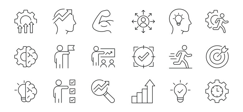Upskill Web Icon Set in Line Style. Team Development Icons. Including training, learning, development, knowledge, growth, course, and workshop. Vector illustration.