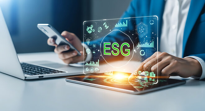 Businesswoman analyzing esg data on a digital tablet for sustainable investment