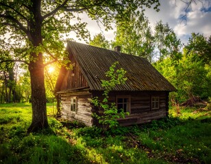 Fototapeta premium Sunlit wooden cottage nestled amongst vibrant, lush green foliage