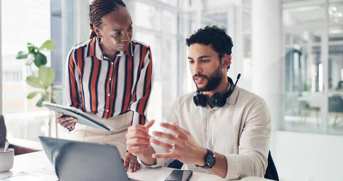 Corporate, people and talk with laptop in call centre for training, customer support and crm advice. Staff, team and explain with tech for client compliant, coaching intern and assistance for telecom