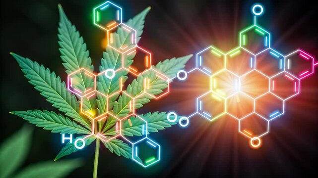 Vibrant Cannabis Leaf Showcasing Colorful Molecular Structures of Compounds, Celebrating Significance of National CBD Month in Wellness