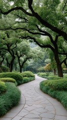 Serene Park Pathway Lined With Lush Green Trees and Manicured Bushes Under Soft Natural Light