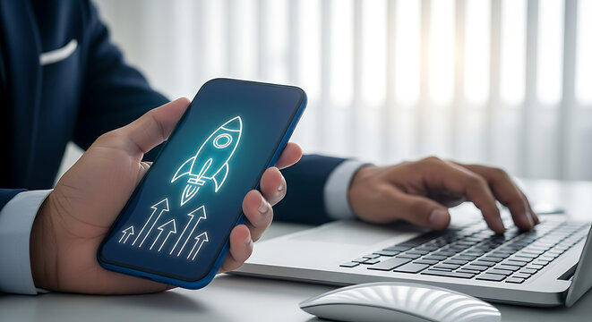 Businessman using laptop with rocket icon on smartphone for startup concept - Powered by Adobe