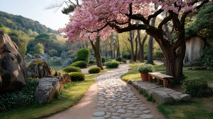 Serene Spring Garden Path Lined with Cherry Blossoms and Lush Greenery Bathed in Golden Hour Sunlight