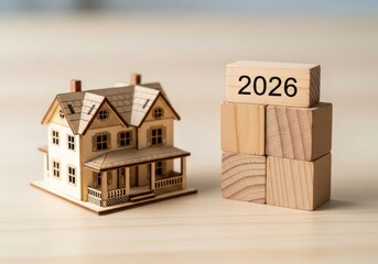 Miniature house with wooden blocks showing the year 2026 on a wooden surface