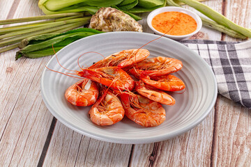 Delicous boiled tiger prawn with sauce