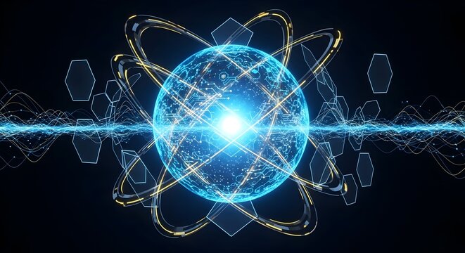 A holographic sphere surrounded by glowing rings and light trails representing AI-based cybersecurity and data defense.