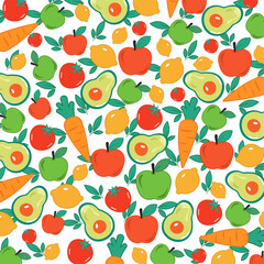 Seamless pattern with fresh vegetables. Colorful vector background with carrots, tomatoes, broccoli, cucumbers, and peppers. Healthy food and organic farming concept. Perfect for packaging, fabric, 