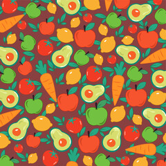 Seamless pattern with fresh vegetables. Colorful vector background with carrots, tomatoes, broccoli, cucumbers, and peppers. Healthy food and organic farming concept. Perfect for packaging, fabric, 