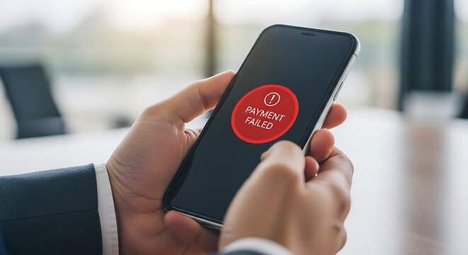 Businessman holding smartphone with urgent alert message on the screen
