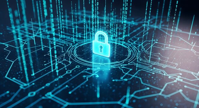 A holographic encryption interface displaying glowing data lines and locks representing digital privacy and secure information systems.
