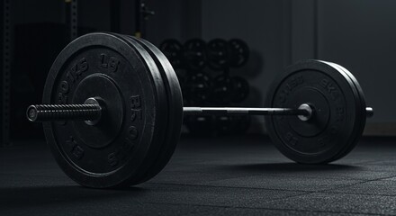 A heavy barbell loaded with large weight plates resting on the floor of a gym, ready for a powerful compound strength training exercise routine ,fitness ,plate ,squat