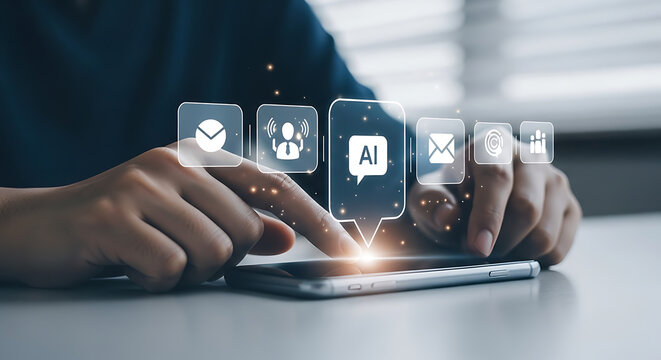 Close up of a person using a smartphone with ai assistant application