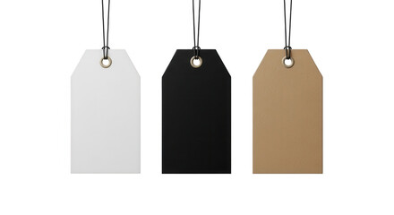 Three blank tags hanging isolated on transparent background