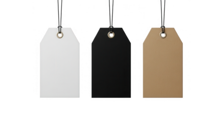 Three blank tags hanging isolated on transparent background