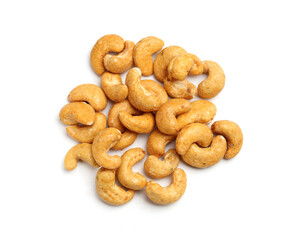 Cashew nuts top view on white background