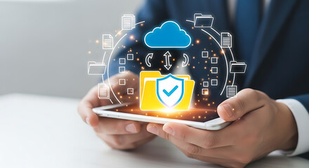 Man using a tablet for cloud data protection and cybersecurity concept