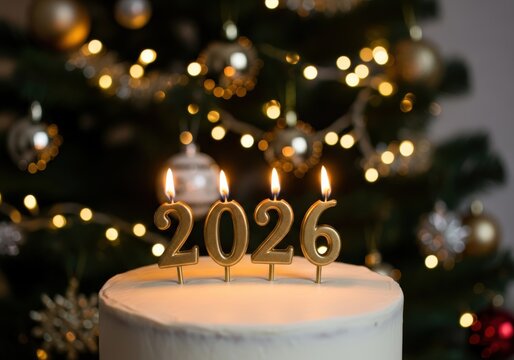 New Year 2026 cake with candles against a festive Christmas tree background