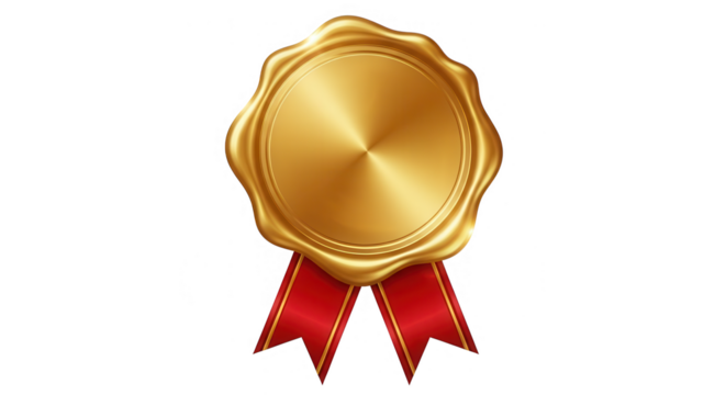 Gold medal with red ribbon isolated on transparent background