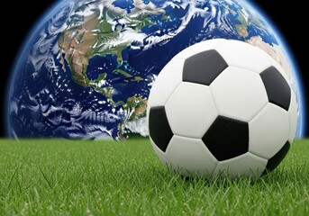 Naklejka premium Soccer ball on green grass with planet earth in the background
