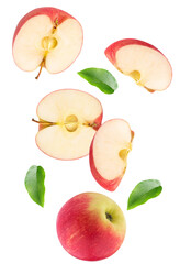 dramatic arrangement of sliced apples and leaves suspended in space against a stark backdrop, ideal for health, nutrition and product marketing