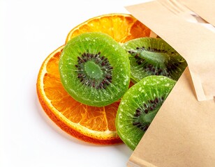 Dehydrated Orange and Kiwi Slices with a Craft Paper Bag on a White Background, Delicious Healthy Snacks