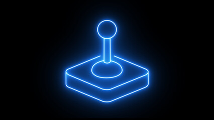 Illustration of a glowing blue neon outline of a classic joystick on a black background, representing retro gaming and digital entertainment © Moynul Haque