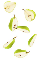 artistic display of sliced pears floating in mid-air against a dark background, ideal for visual campaigns promoting healthy eating and freshness