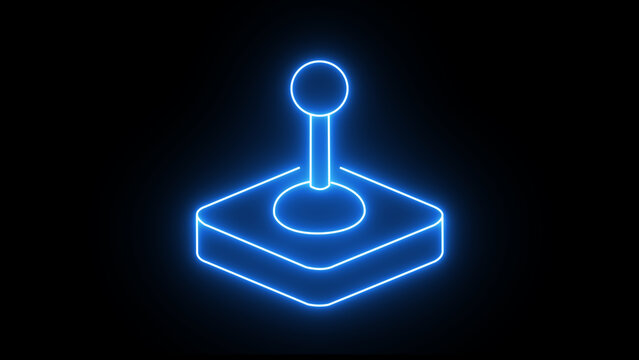 Illustration of a glowing blue neon outline of a classic joystick on a black background, representing retro gaming and digital entertainment