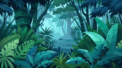 Mysterious lush jungle path bathed in ethereal blue light