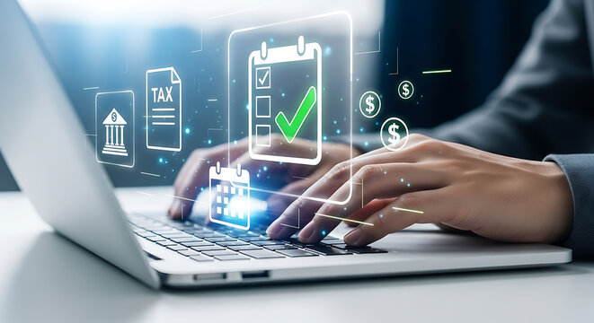 Close up of hands typing on laptop with tax form and document icons - Powered by Adobe