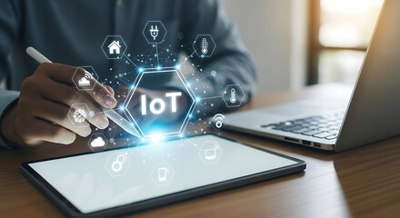Man using digital tablet with internet of things technology concept