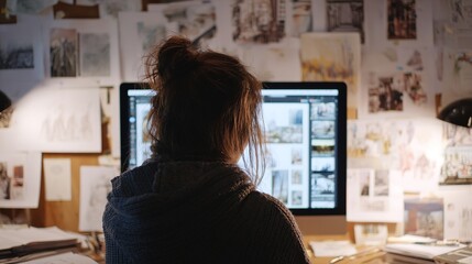Designer collaborating online home office digital workspace creative environment rear view innovation in design process