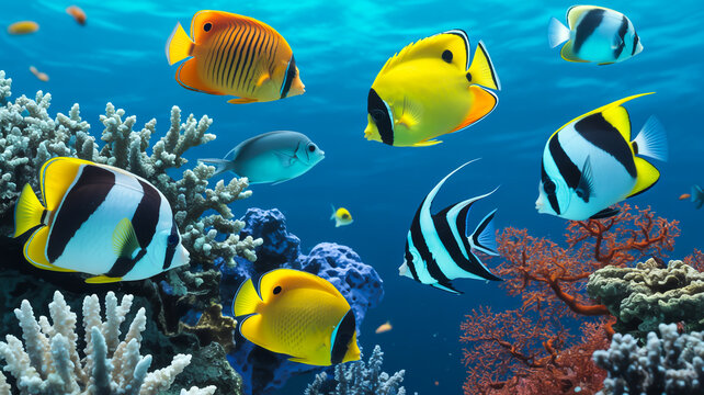 A vibrant underwater coral reef scene with a diverse array of tropical fish swimming among colorful coral formations