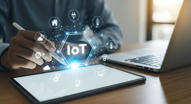 Man using digital tablet with internet of things technology concept