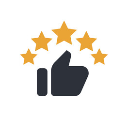 Five Stars Rating and Thumbs Up Icon. Excellent Quality Review Symbol.