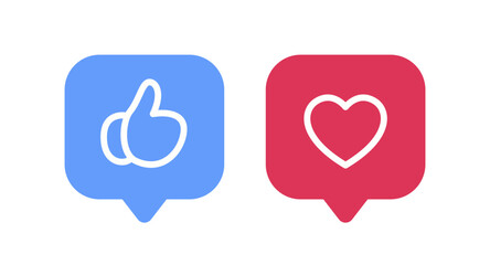 Social Media Reaction Icons Set. Blue Like and Red Heart Notification Symbols.