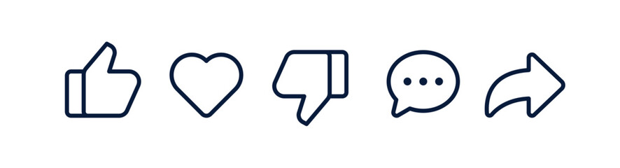 Social Media Interface Icons Set. Like, Notification, Heart, Share, Save, and Comment Symbols.