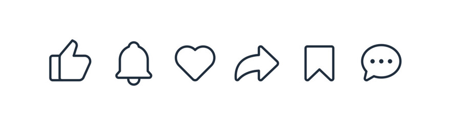 Social Media Interface Icons Set. Like, Notification, Heart, Share, Save, and Comment Symbols.