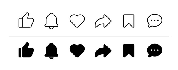 Social Media Interface Icons Set. Like, Notification, Heart, Share, Save, and Comment Symbols.