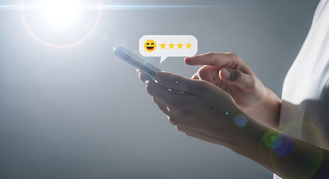 Customer experience concept, woman using smartphone to give a five star rating - Powered by Adobe