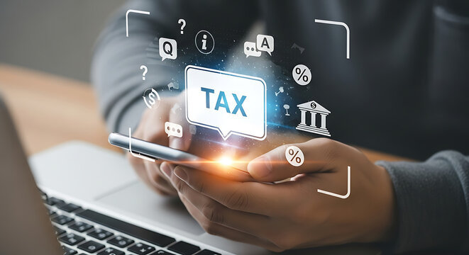 Man using mobile phone with tax word and icon, online payment concept