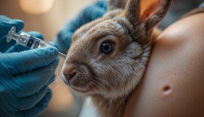 Naklejka premium Close-up of a rabbit receiving a subcutaneous injection from a vet, soft fur visible around injection site, gentle handling, warm ambient light, shallow focus on syringe and skin