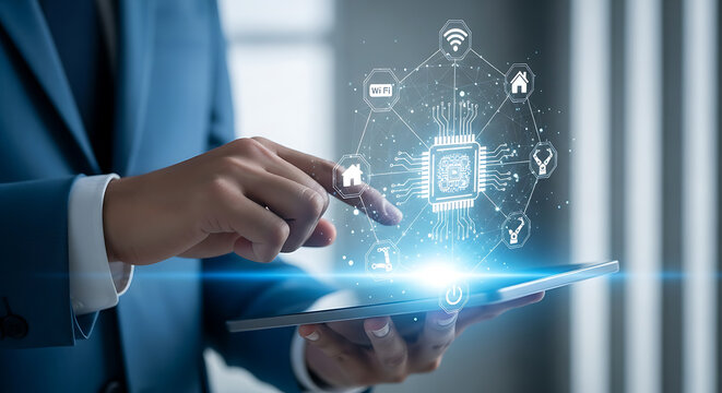 Man using tablet with digital technology hologram, artificial intelligence - Powered by Adobe