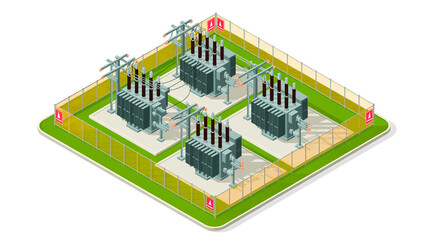 Obraz premium An isometric 3D illustration of a power substation on a grassy platform
